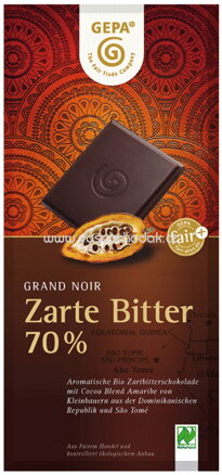 GEPA Tafelschokolade Grand Noir Zarte Bitter 70%, 100g