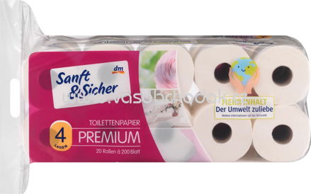 Sanft&Sicher Toilettenpapier Premium, 4-lagig, 200 Blatt, 10 - 20 Rollen