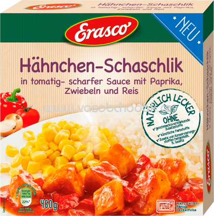 Erasco Hähnchen - Schaschlik in tomatig-scharfer Sauce mit Paprika, Zwiebeln und Reis, 460g