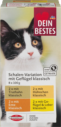 Dein Bestes Nasfutter Katze Schalen Variation mit Geflügel klassisch, 8x100g