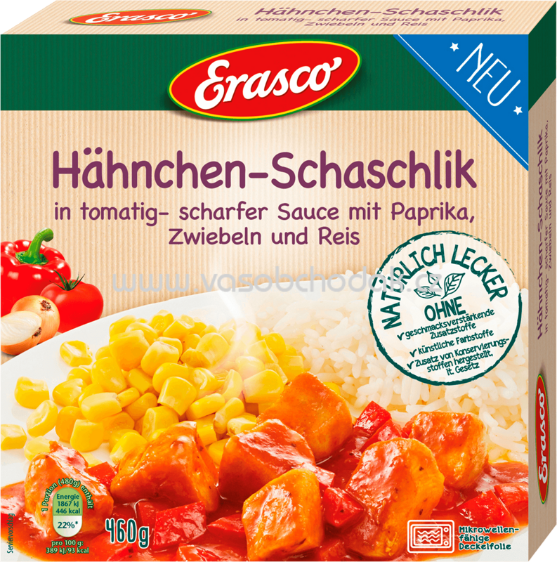 Erasco Hähnchen - Schaschlik in tomatig-scharfer Sauce mit Paprika, Zwiebeln und Reis, 460g