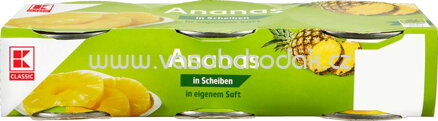 K-Classic Ananas in Scheiben, in eigenem Saft, 3x220g