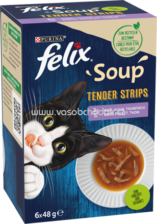 Purina Felix Soup Tender Strips Rind, Huhn, Thunfisch, 6x48g