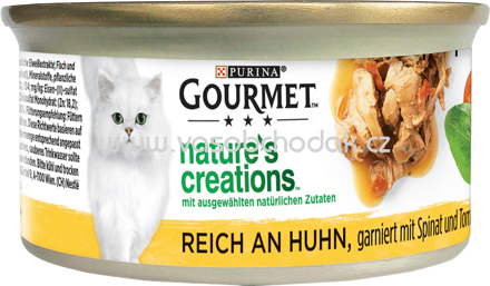 Purina Gourmet Nature's Creations, reich an Huhn, garniert mit Spinat und Tomaten, 85g