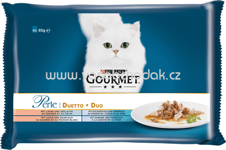 Purina Gourmet Perle Duetto mit Lachs & Seelachs, Hochseefisch & Thunfisch, Lachs & Weißfisch, Sardine & Thunfisch, 4x85g