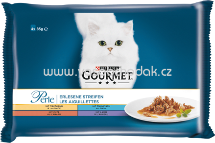 Purina Gourmet Perle Erlesene Streifen mit Truthahn, Thunfisch, Ente, Lamm, 4x85g