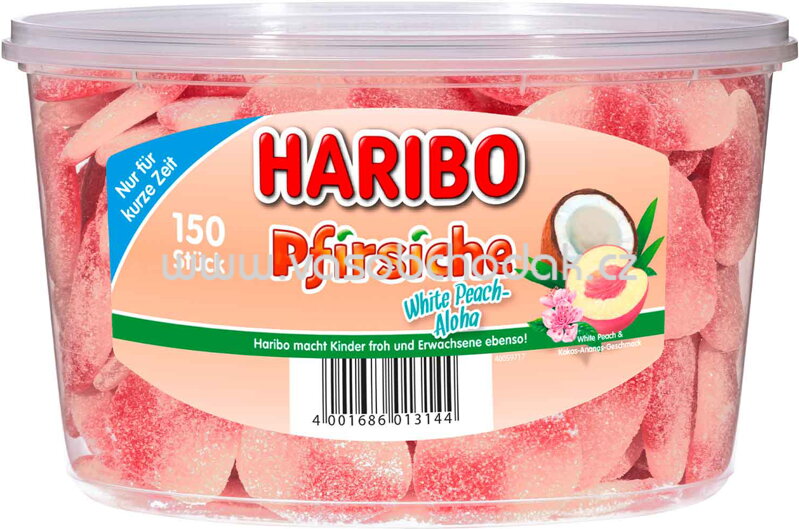 Haribo Pfirsiche White Peach-Aloha, 150 St, Dose, 1350g Haribo Pfirsiche White Peach-Aloha, 150 St, Dose, 1350g