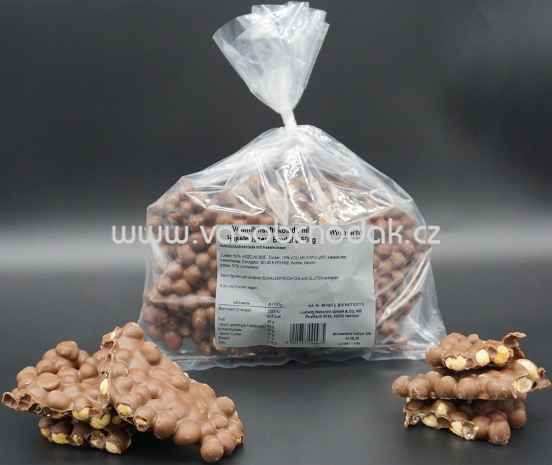 WEINRICHs Vollmilchschokolade mit Haselnüssen Beutel, 500g WEINRICHs Vollmilchschokolade mit Haselnüssen Beutel, 500g