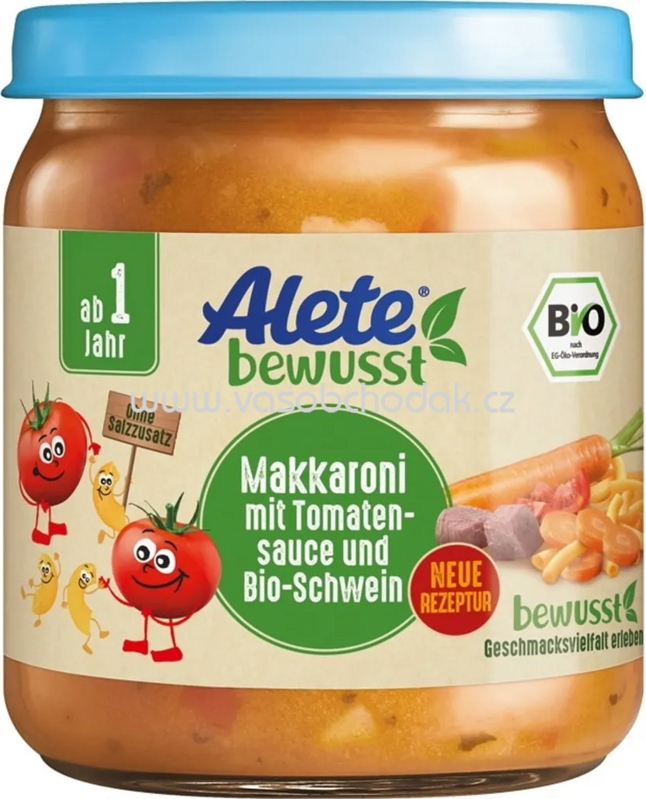 Alete Makkaroni mit Tomaten Sauce und Bio Schwein, ab 1 Jahr, 250g