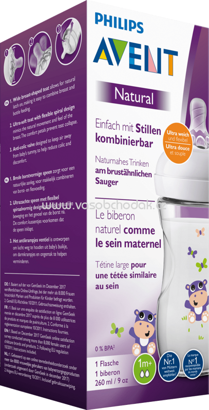 Philips AVENT Flasche Natural 2.0, Silikon, 0-6 Monate, 260 ml, 1 St